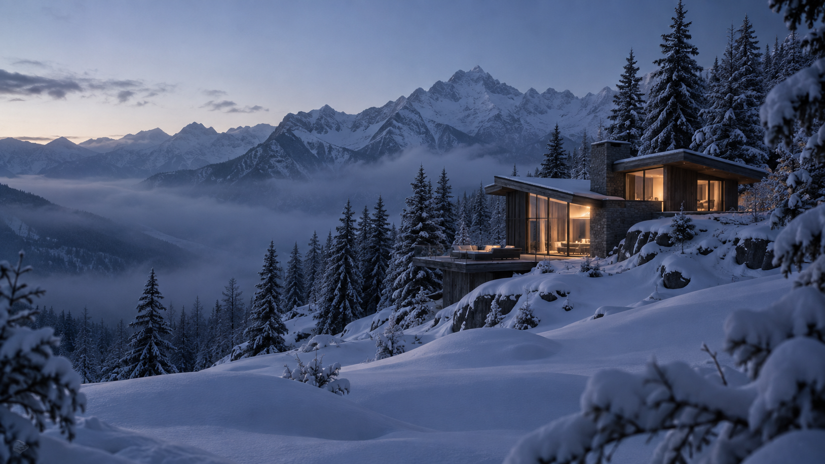 A secluded glass and stone cabin glowing softly above a frosted alpine valley